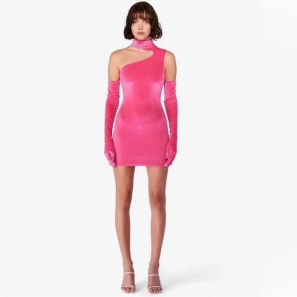 New! Revolve x Miscreants Bodycon Hot Pink Velvet Mini Dress w/ Opera Gloves💖 XS - Picture 2 of 10